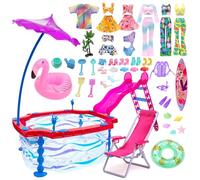 36 Pcs Doll Swimming Poll Play Age 3+ Set with 3 Outfits 3 Swimsuits 10 Shoes 5 Shells 7 Beach Playset 2 Glasses 2 Swim Ring Diving Set Chair Surfboard Compatible with Barbie 11.5" Dolls Kid Gift (NO DOLL)