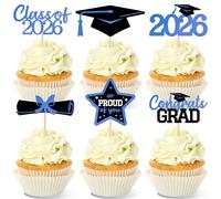 36 Pcs Graduation Cupcake Toppers 2026, 6 Styles Black and Blue Glitter Design Graduation Cake Decor, Congrats Grad Cap Cake Toppers, Class of 2026 Disposable Graduation Party Decoration（Blue Gold）