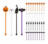 36 Pcs Halloween Cocktail Stirrers, 4 Designs, 7.1 Inch | Pumpkin, Ghost, Black Cat & Bat Drink Stirrers, Bulk Decorative Coffee Mixers for Bar, Wedding, Event, Halloween Party