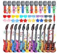 36 Pcs Inflatable Instruments Party Props Set, Include 12 Inflatable Rock Star Guitars 12 Inflatable Microphones 12 Colorful Sunglasses for 80s 90s Themed Disco Party Photo Booth Decorations