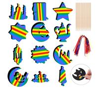 36 PCS Ramadan Eid Scratch Art for Kids, Ramadan Lantern Moon Star Castle Shaped Rainbow Paper Eid Mubarak Decorations with Ribbon, Eid Gifts for Boys Girls, Islamic Presents for Party (01Black)