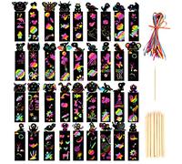 36 Pcs Scratch Art Party Bags Fillers for Kids, Animal Craft DIY Scratch Art Rainbow Bookmarks with 36 Colorful Ropes and 36pcs Wooden Stylus for Boys Girls Classroom Birthday Gifts