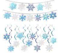 36 Pcs Snowflake Hanging Swirl Decorations Set Blue Silver Glitter Snowflake Garland Banner, Christmas Winter Wonderland Ceiling & Wall Party Supplies for Xmas New Year