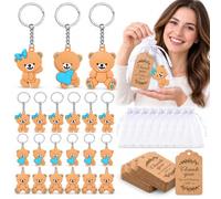 36 Pcs Teddy Bear Keychain Party Favors Set, 12 Sets Blue Bear Keyring with Thank You Kraft Tags Organza Bags for Baby Shower, Boy Birthday Party Supplies Return Favors