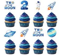 36 Pcs Two The Moon Cupcake Toppers Outer Space 2nd Birthday Cupcake Picks Blue Planet Rocket Astronaut Cake Decorations for Boys Girls Second Birthday Party Supplies