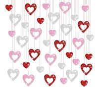 36 Pcs Valentines Day Love Heart Hanging Ornaments, Heart Garland, Hearts Hanging Decoration, 3D Red Hearts Glitter Hanging for Anniversary Wedding Engagement Party Ceiling Decorations
