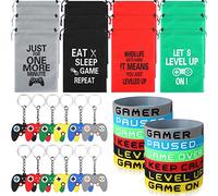 36 Pcs Video Game Party Favor Bags Filler Gaming Party Favors Set with Drawstring Bag Silicone Bracelets Wristbands Game Controller Keychains for Christmas Favor Birthday Gift