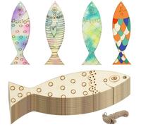 36 Pcs Wooden Fish Decor Cutouts, 4 Styles DIY Wooden Crafts to Paint Shapes for Various Animal Decorations Lovers, Wooden Ornaments Wearing Hemp Rope and Can Be Personalized