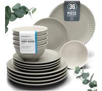 36-Piece Dinnerware Set - Bowl and Plate Set - Stoneware Dining Set for 12 People - Dishwasher and Microwave Safe - Grooved Dining Service in Light Brown