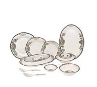 36 Piece Melamine Dinnerware Contemporary Flower Print Design Set, Shatterproof, Lightweight, Artisanal Double Bead Plates & Bowls, Solid Reactive Glazes Dinner (Grey Flowers)