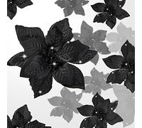 36 Pieces 3 Size Christmas Poinsettia Christmas Tree Flowers Glitter Faux Flowers Decoration Artificial Poinsettia Ornaments For Christmas New Year Home Outdoor Decoration (Black, 3/ 4/ 6 Inch)