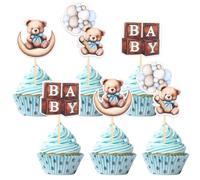 36 Pieces Bear Cupcake Toppers, Blue Baby Shower Cupcake Toppers for Celebrating Baby Shower Boys Kids Birthday Theme Party Cake Decorations Supplies