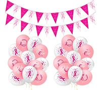 36 Pieces Breast Cancer Awareness Balloons Pink Ribbon Latex Balloons and 2 Pieces Breast Cancer Awareness Banner Pink Ribbon Pennant Banner Hope Faith Strength Courage Banner for Party Wall Decor