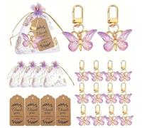 36 pieces, butterfly keychain favor 12 set, 12 pieces of acrylic purple keychain, 12 pieces of brown cards and 12 pieces of ossa rope bag, gender revelation party, birthday, wedding, Christmas party,