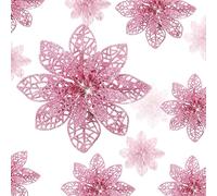 36 Pieces Christmas Glitter Poinsettia Flowers Wedding Glitter Flowers Christmas Tree New Year Ornaments (Pink)