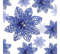 36 Pieces Christmas Glitter Poinsettia Flowers Wedding Glitter Flowers Christmas Tree New Year Ornaments (Navy Blue)