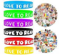 36 Pieces I Love to Read Rubber Bracelets Inspirational Bracelets with 100 Pieces Book Stickers and Reading Stickers for Kids Classroom Rewards Teacher Award School Home Party Favors