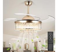 36'' Stepless Dimming Chandelier Crystal Ceiling Fan with Lights, Reversible Modern Fandelier with Remote Retractable Invisible Blades 6 Speeds Indoor Ceiling Fan Light for Living Room Bedroom Kitchen