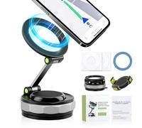 360° Adjustable Vacuum Magnetic Phone Holder for Car, 2026 Upgraded Suction Cup Phone Mount, Foldable Phone Bracket with Magnetic Clamp and Metal Ring, Compatible with All Smartphones