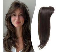 360° Cover Hair Topper with Clip in Fringe Bangs - Natural Straight Hair Extensions Pieces for Women Add Volume (Brown)