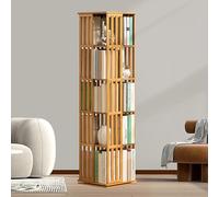 360-Degree Bamboo Rotating Bookshelf 5-Tier Solid Wood Corner Shelf Space-Saving Display Rack Stylish Rotating Bookcase for Small Spaces Multi-Level Storage Solution