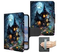 360 Degree Rotating Case for 7" Kindle Paperwhite 12th Generation 2024 & Kindle Colorsoft 2024/2025 Slim PU Leather Stand Cover with Hand Strap Auto Wake/Sleep Magnetic Clasp, Forest Castle House Moon