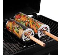 360° Rotating Grill Basket BBQ Roller - Stainless Steel Rolling Grill Cage with Long Wooden Handle - Even Cooking for Meat & Veggies - Rustproof & Easy to Clean Barbecue Grill Tool (BBQ Roller Grill)