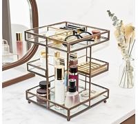 360 Degree Rotation Makeup Organizer Antique Countertop Cosmetic Storage Box Mirror Glass Beauty Display, Gold Spin Large Capacity Holder for Brushes Lipsticks Skincare Toner (Brass)