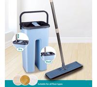 360° FLAT MOP BUCKET SET SQUEEZE DRY MICROFIBRE FLOOR MOP CLEANER 2 REFILL PADS