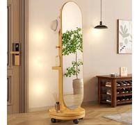 360° FullLength Wooden Leaning Mirror with Rotating Wheels and Coat RackFreeStanding Floor Mirror for Bedroom and Living Room Decor