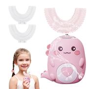 360º Kids Ultrasonic Toothbrush, Electric Tooth Brush with 2 U Shaped Silicone Brush Heads, Automatic Toothbrush with LED & Dino Look Light for Age 2~6 Years Boys and Girls (Pink 2~6 Years Old)