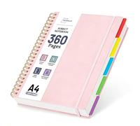 360 Pages A4 Spiral Notebook with 5 Subjects, College Ruled 100 GSM Thick Paper, Large Lined Notebook with Removable Dividers for School, Office, University, Work Notes and Everyday Writing (Pink)
