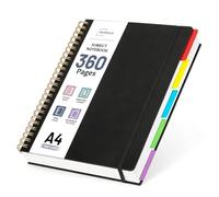 360 Pages A4 Spiral Notebook with 5 Subjects, College Ruled 100 GSM Thick Paper, Large Lined Notebook with Removable Dividers for School, Office, University, Work Notes and Everyday Writing (Black)