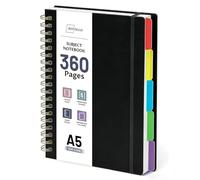 360 Pages A5 Spiral Notebook with 5 Subjects, College Ruled 100 GSM Thick Paper, Large Lined Notebook with Removable Dividers for School, Office, University, Work Notes and Everyday Writing (Black)