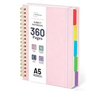 360 Pages A5 Spiral Notebook with 5 Subjects, College Ruled 100 GSM Thick Paper, Large Lined Notebook with Removable Dividers for School, Office, University, Work Notes and Everyday Writing (Pink)