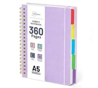 360 Pages A5 Spiral Notebook with 5 Subjects, College Ruled 100 GSM Thick Paper, Large Lined Notebook with Removable Dividers for School, Office, University, Work Notes and Everyday Writing (Purple)