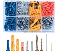 360 Pcs Assorted Screws and Wall Plugs Assortment, Chipboard Fish Type Wall Chipboard Fixings, Flat Head Self Tapping Masonry Wood Raw Plugs and Screws Nails