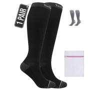 360 RELIEF 1 Pair Compression Socks for Women Men 15-20 mmHg, Circulation Travel Flight Socks Ideal for Swollen Legs, DVT, Varicose Veins, Running, Athletic, Cycling, Gym, S/M, Black + Laundry Bag