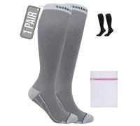 360 RELIEF 1 Pair Compression Socks for Women Men 15-20 mmHg, Circulation Travel Flight Socks Ideal for Swollen Legs, DVT, Varicose Veins, Running, Athletic, Cycling, Gym, L/XL, Grey + Laundry Bag