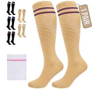 360 RELIEF 1 Pair Compression Socks for Women Men, 15-20 mmHg Supports Blood Circulation, Travel Flight Socks, Varicose Veins, Pregnancy Stockings L/XL, Beige with 2 Plum Purple lines + Laundry Bag