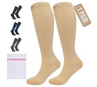 360 RELIEF 1 Pair Compression Socks for Women & Men - 15-20 mmHg Travel Flight Socks - Graduated Support - Ideal for Running, Cycling & during Maternity -L/XL, Beige with Laundry Bag