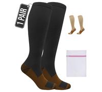 360 RELIEF 1 Pair Copper Compression Socks Women & Men 15-20 mmHg Varicose Veins, Travel, Running, Pregnancy Socks, S/M, Black + Laundry Bag