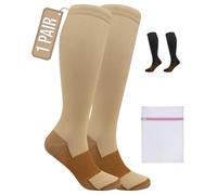 360 RELIEF 1 Pair Copper Compression Socks Women & Men 15-20 mmHg Varicose Veins, Travel, Running, Pregnancy Socks, L/XL, Beige + Laundry Bag