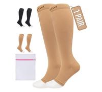 360 Relief 1 Pair Plus Size Compression Socks for Women & Men - Open Toe Graduated Compression Stockings, Flight Socks, Running, Nurses, Maternity, Pregnancy, 4XL, Beige + Laundry Bag