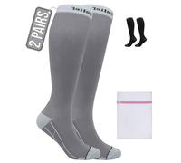 360 RELIEF 2 Pairs Compression Socks for Women Men 15-20 mmHg, Circulation Travel Flight Socks Ideal for Swollen Legs, DVT, Varicose Veins, Running, Athletic, Cycling, Gym, L/XL, Grey + Laundry Bag