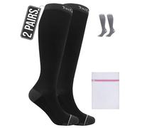 360 RELIEF 2 Pairs Compression Socks for Women Men 15-20 mmHg, Circulation Travel Flight Socks Ideal for Swollen Legs, DVT, Varicose Veins, Running, Athletic, Cycling, Gym, S/M, Black + Laundry Bag