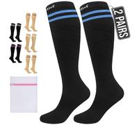 360 RELIEF 2 Pairs Compression Socks for Women Men, 15-20 mmHg Supports Circulation, Travel Flight Socks, Pregnancy Stockings S/M, Black with 2 Blue lines + Laundry Bag
