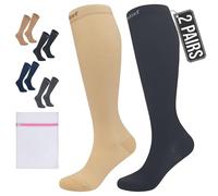 360 RELIEF 2 Pairs Flight Compression Socks for Women & Men, Comfortable Travel, Circulation & Leg Relief, Pregnancy Support, S/M, Beige+Black + Laundry Bag
