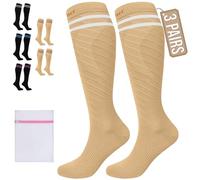 360 RELIEF 3 Pairs Compression Socks for Women Men, 15-20 mmHg Supports Circulation, Travel Flight Socks, Pregnancy Stockings L/XL, Beige with 2 White lines + Laundry Bag
