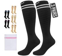360 RELIEF 3 Pairs Compression Socks for Women Men, 15-20 mmHg Supports Circulation, Travel Flight Socks, Pregnancy Stockings L/XL, Black with 2 White lines + Laundry Bag